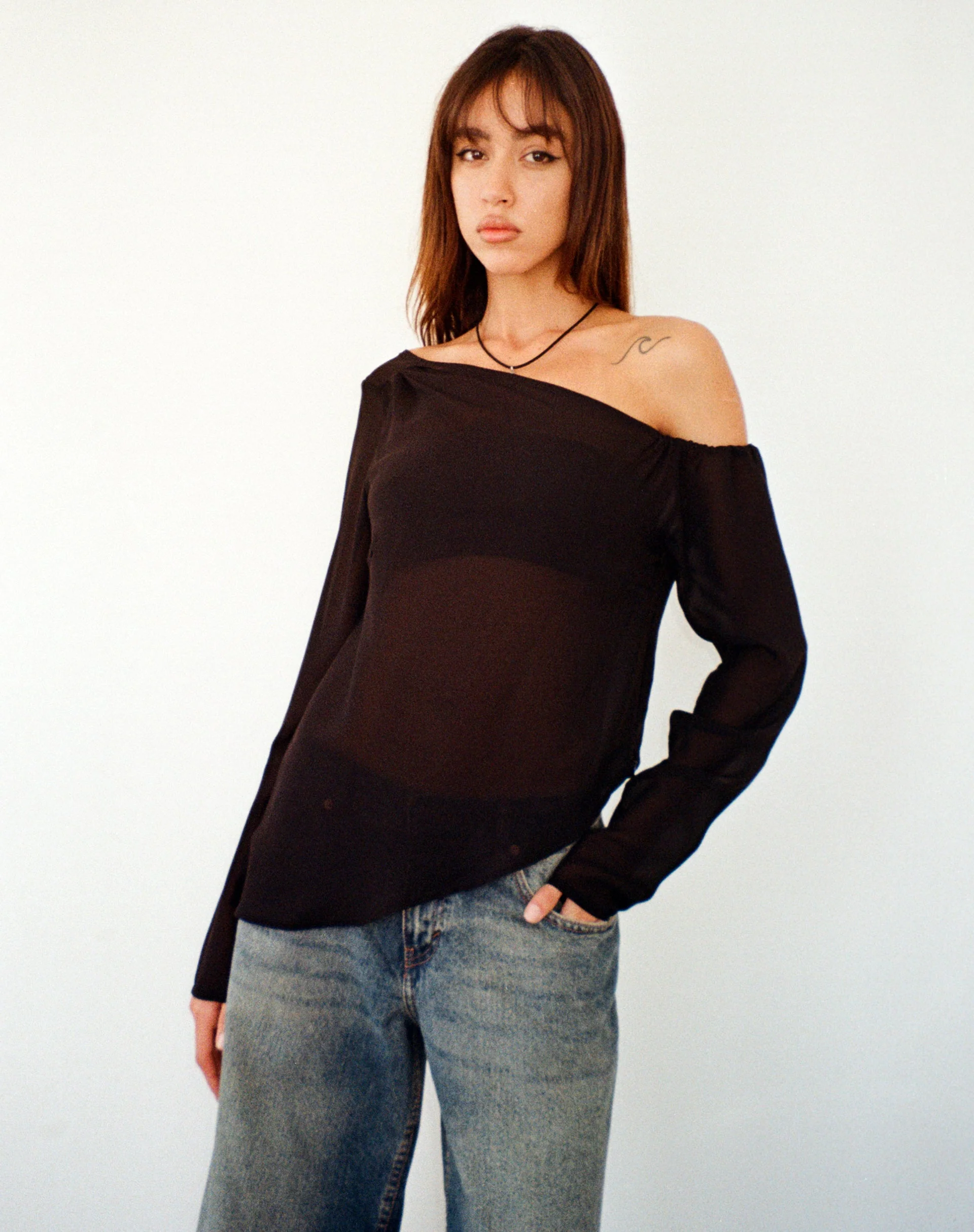 Riot Asymmetric Longline Top in Black Chiffon - Image 4