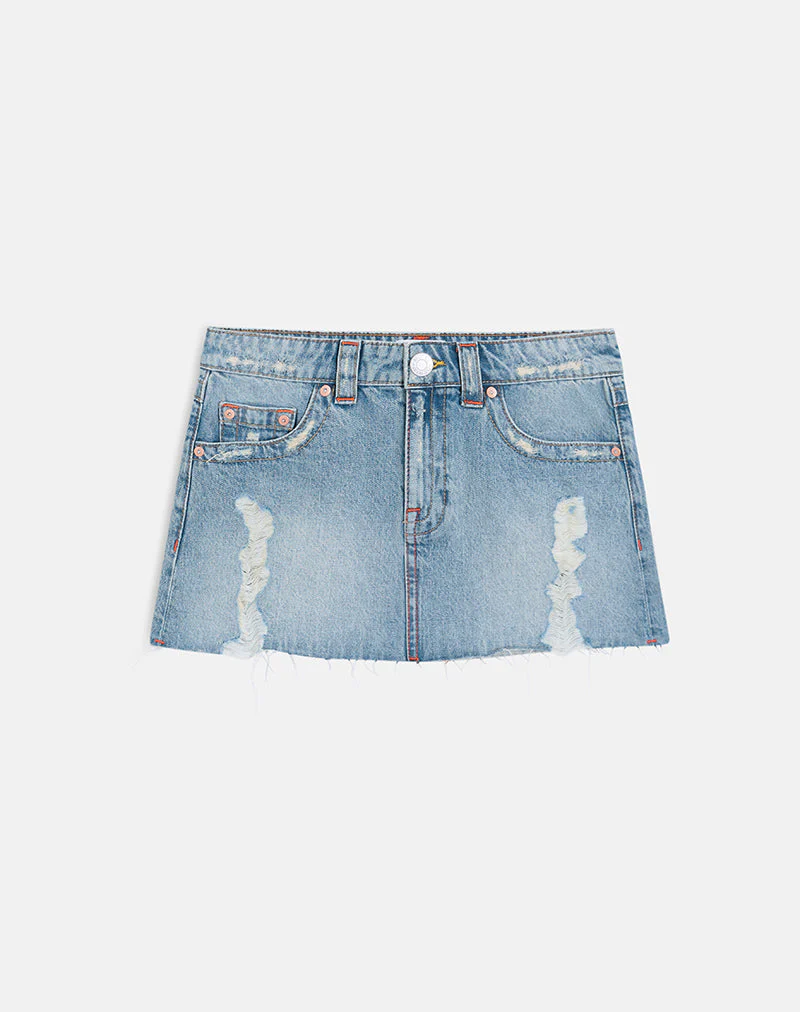Ripped Raw Hem Denim Mini Skirt in True Blue - Image 5