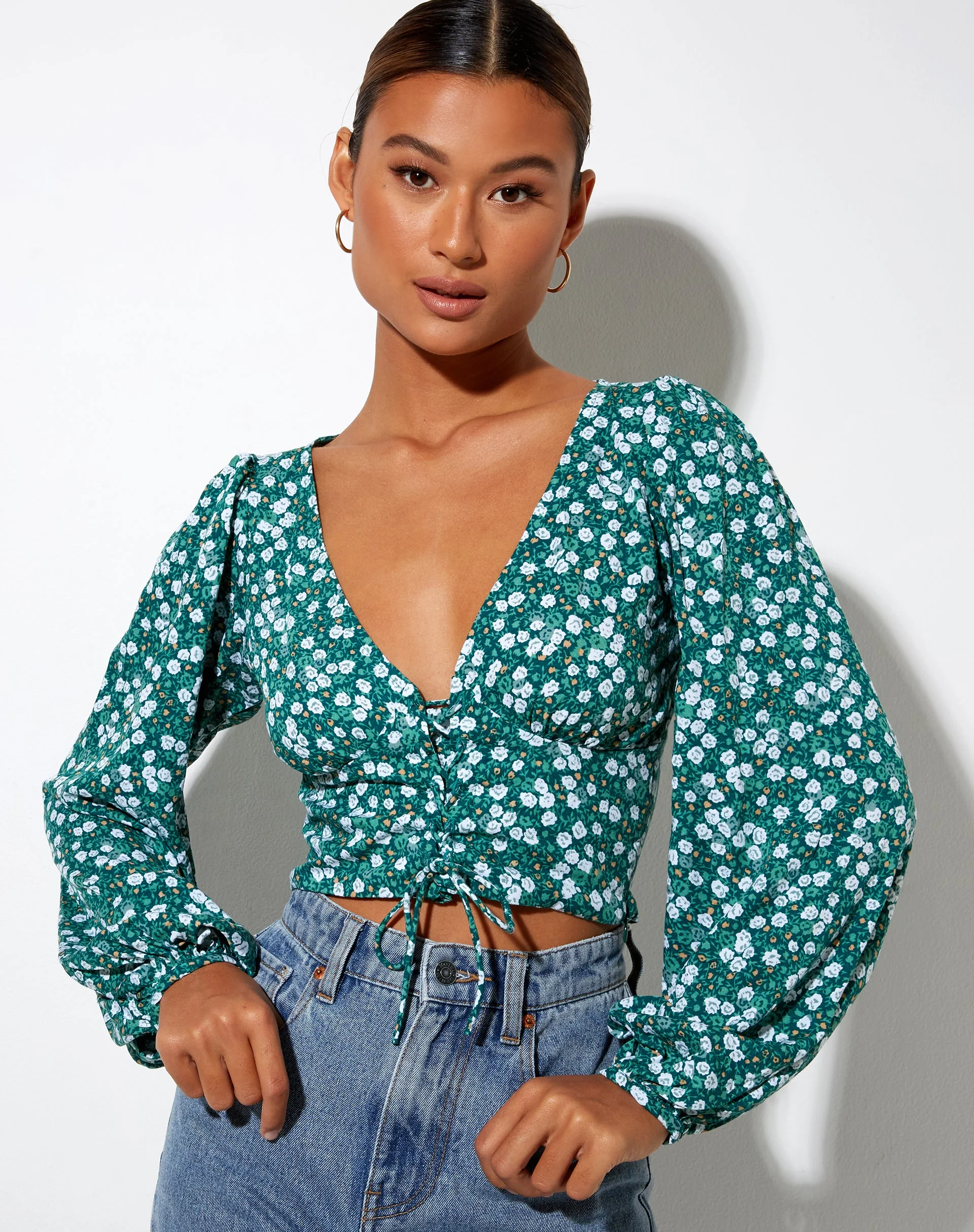 Romina Long Sleeve Top in Floral Field Green - Image 3