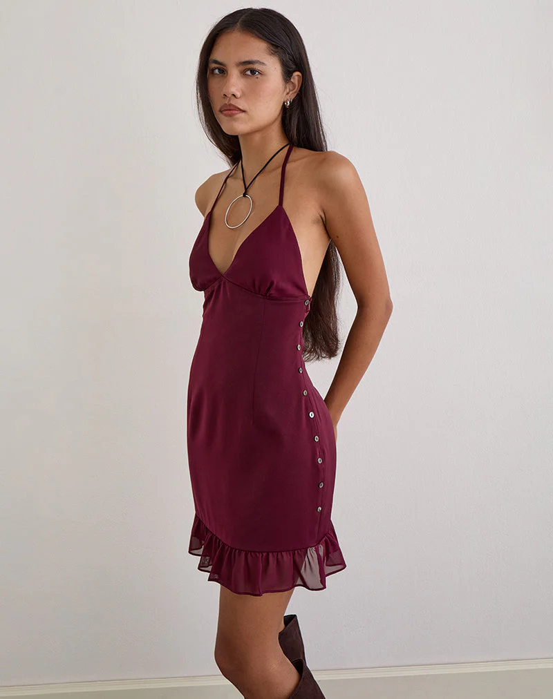 Rosali Mini Dress in Satin Chiffon Burgundy