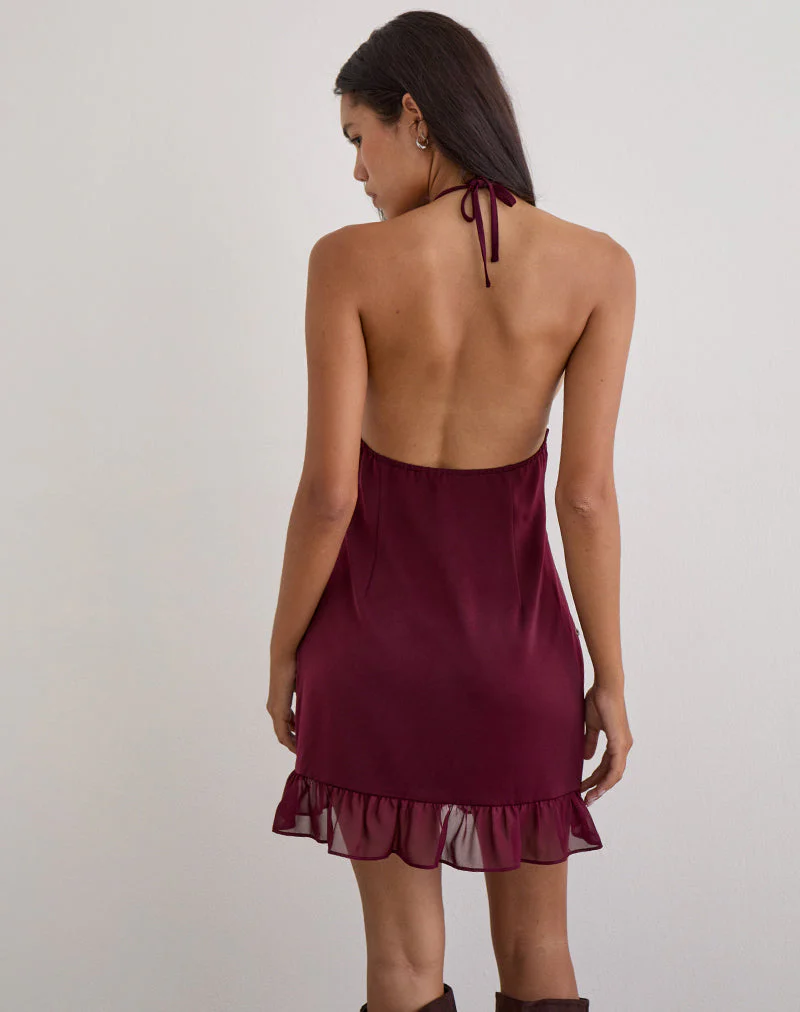 Rosali Mini Dress in Satin Chiffon Burgundy - Image 3