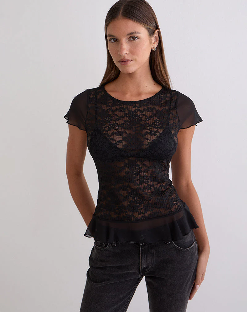 Roselani Ruffle Hem Top in Lace Black - Image 2