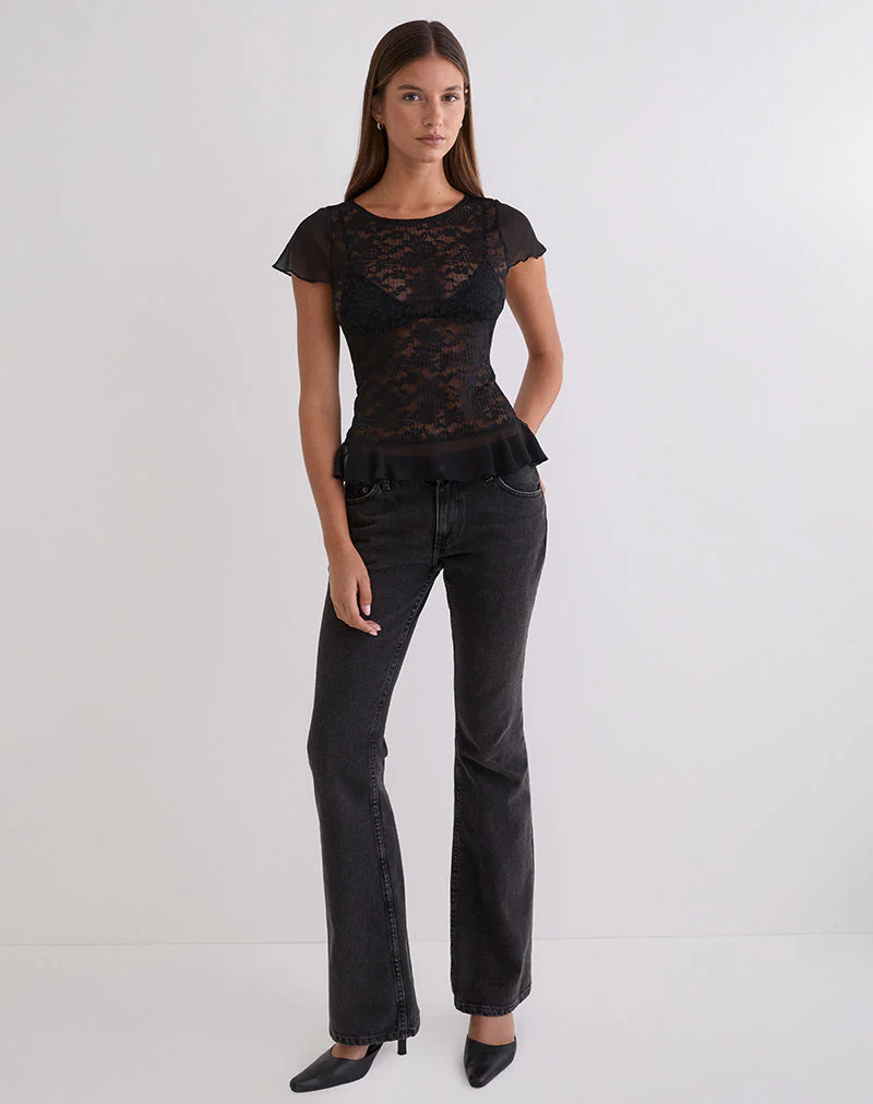 Roselani Ruffle Hem Top in Lace Black - Image 3