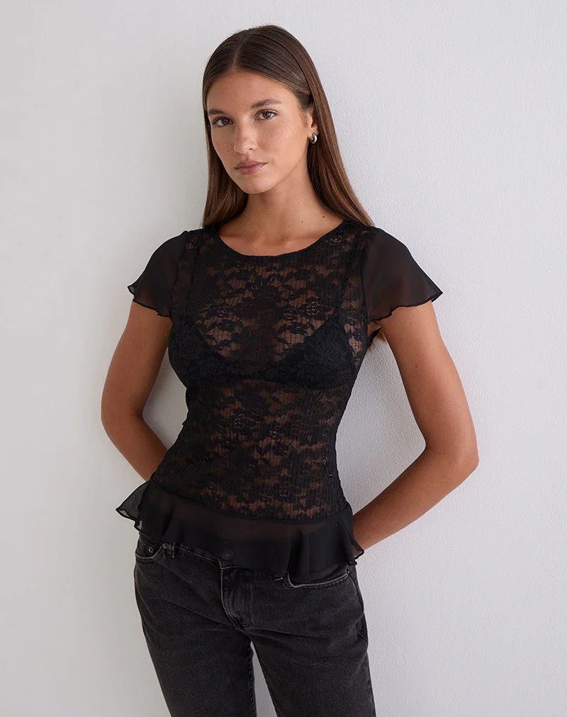 Roselani Ruffle Hem Top in Lace Black - Image 5