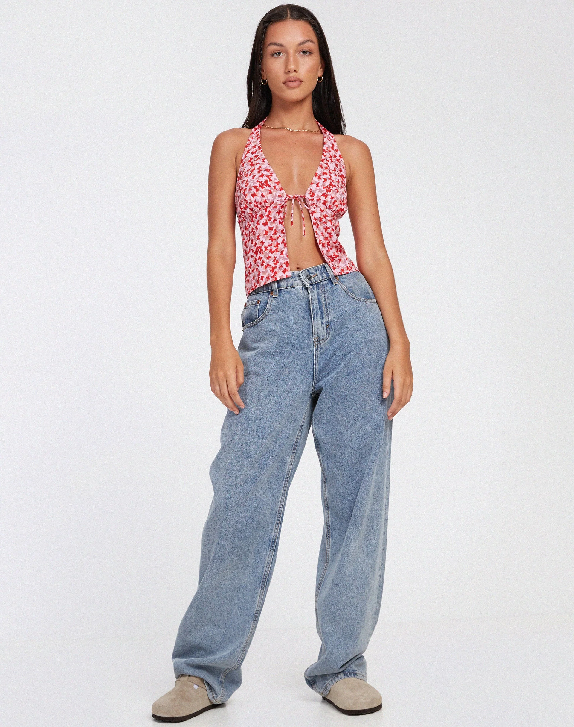 Roula Halter Top in Ditsy Butterfly Peach Red - Image 4