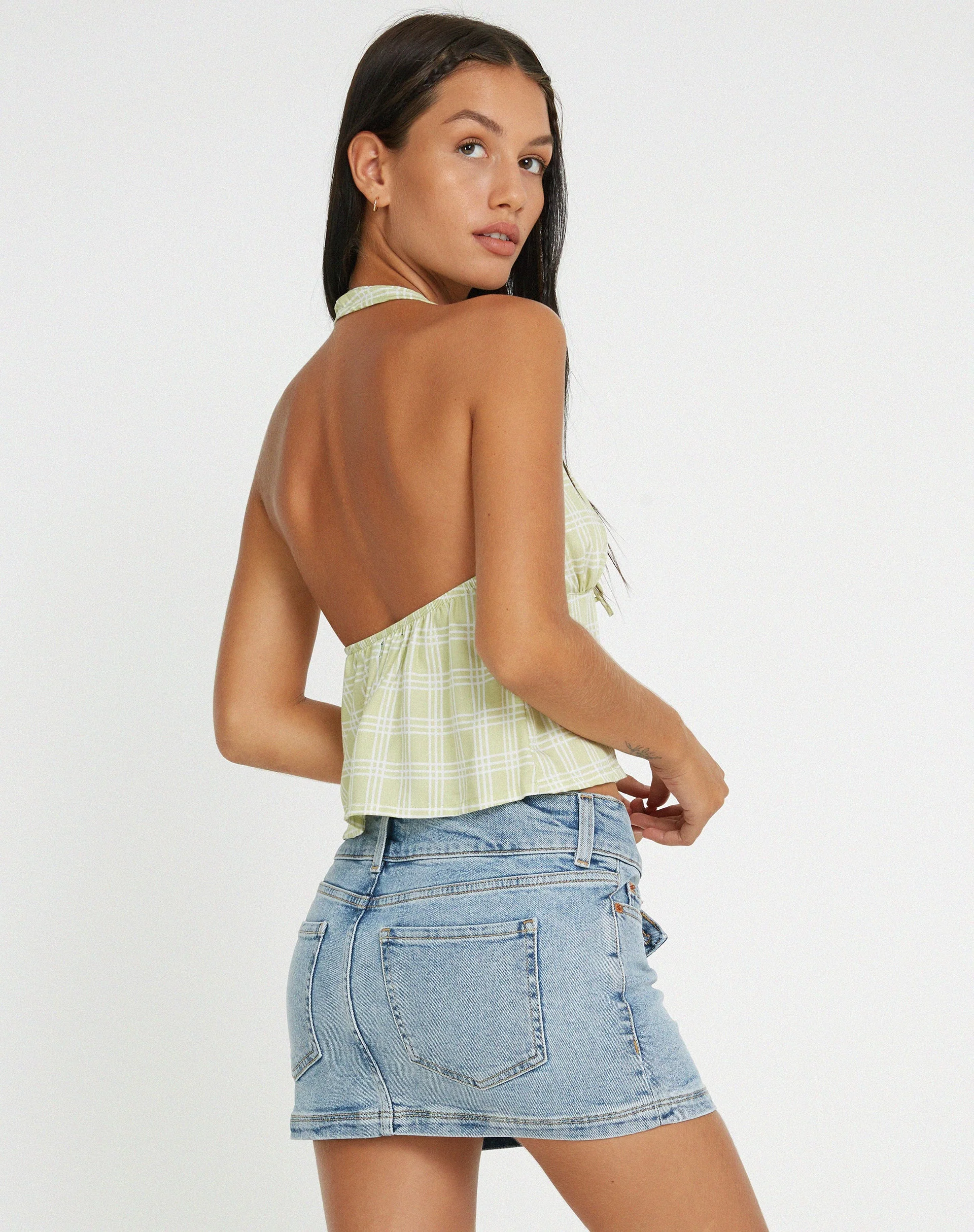 Roula Halter Top in Sage Check - Image 2