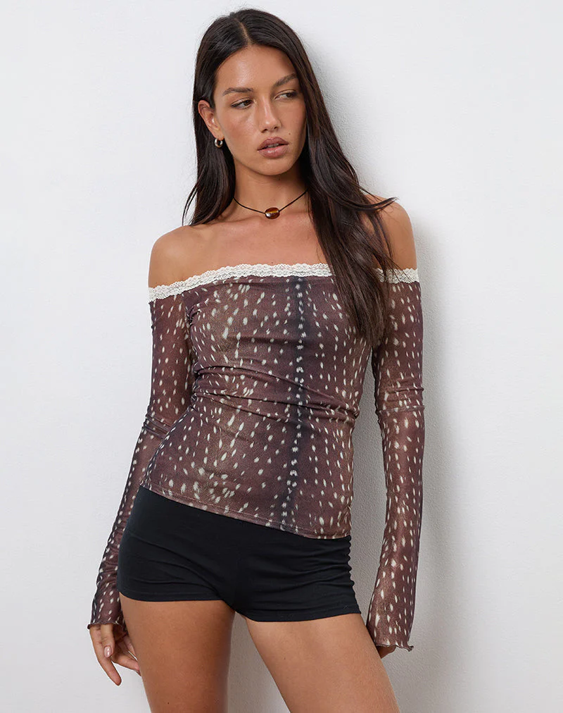 Rusaka Bardot Top in Mesh Deer Print Brown - Image 3