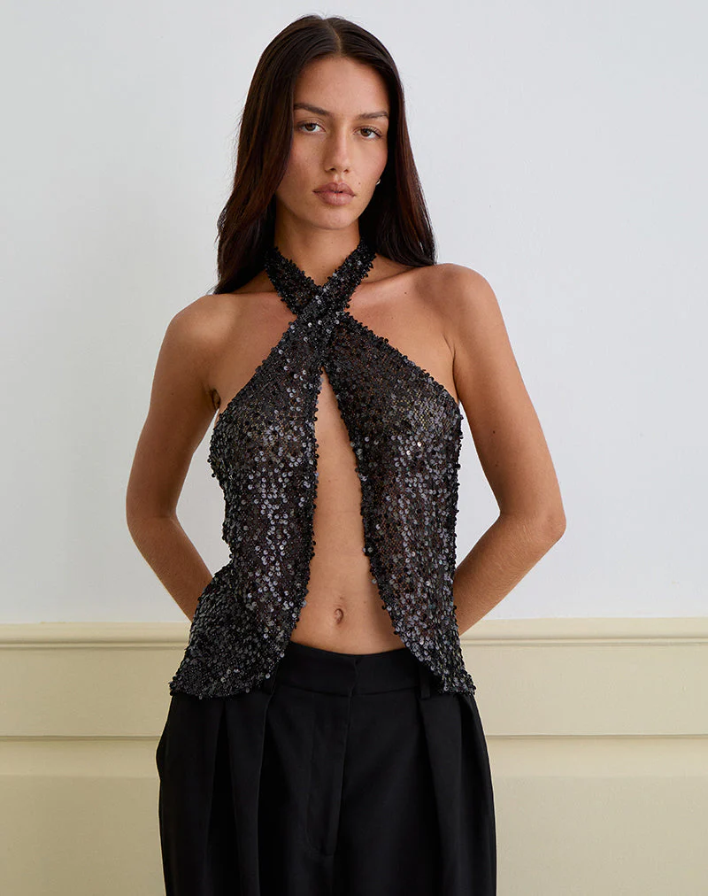 Ruway Unlined Scarf Top in Sequin Black - Image 3