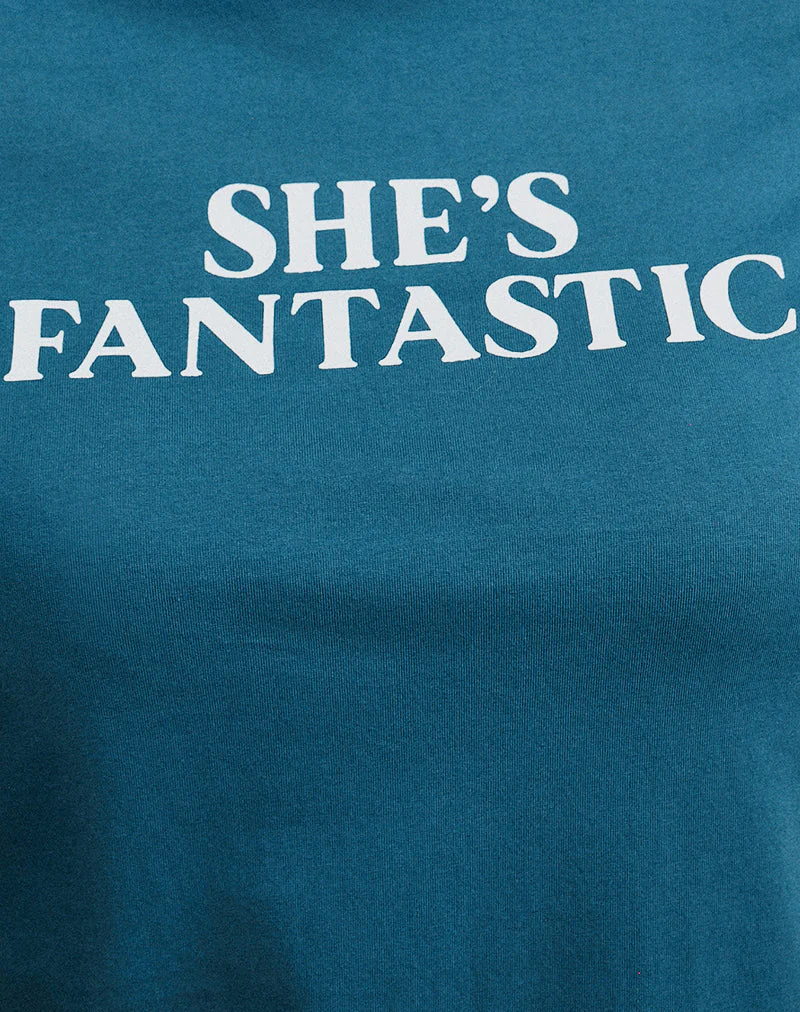 Saki Tee in Mediterranean Blue with She's Fantastic Slogan - Image 6