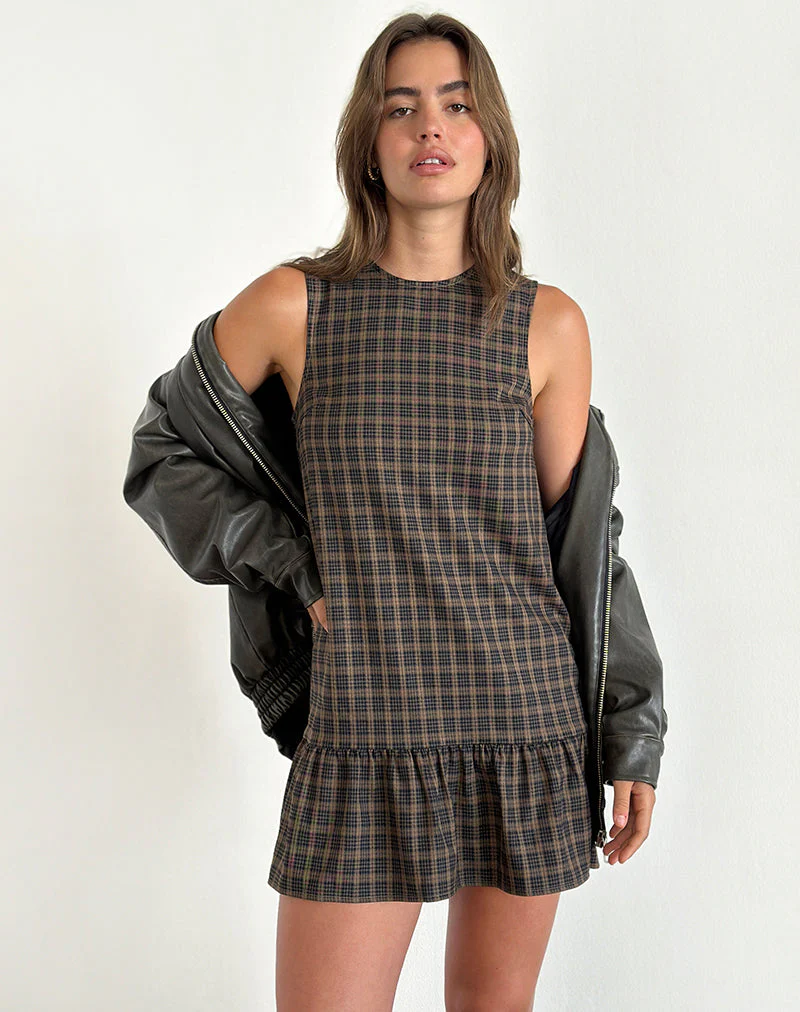 Samana Babydoll Mini Dress in Check Dark Brown - Image 7