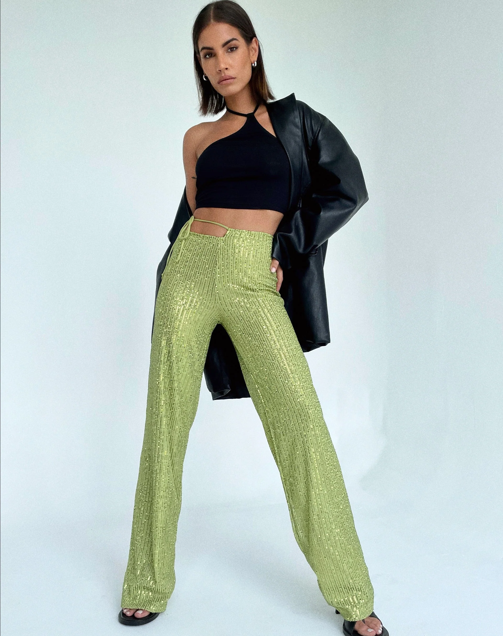 Sanju Trouser in Drape Sequin Lime Green - Image 2