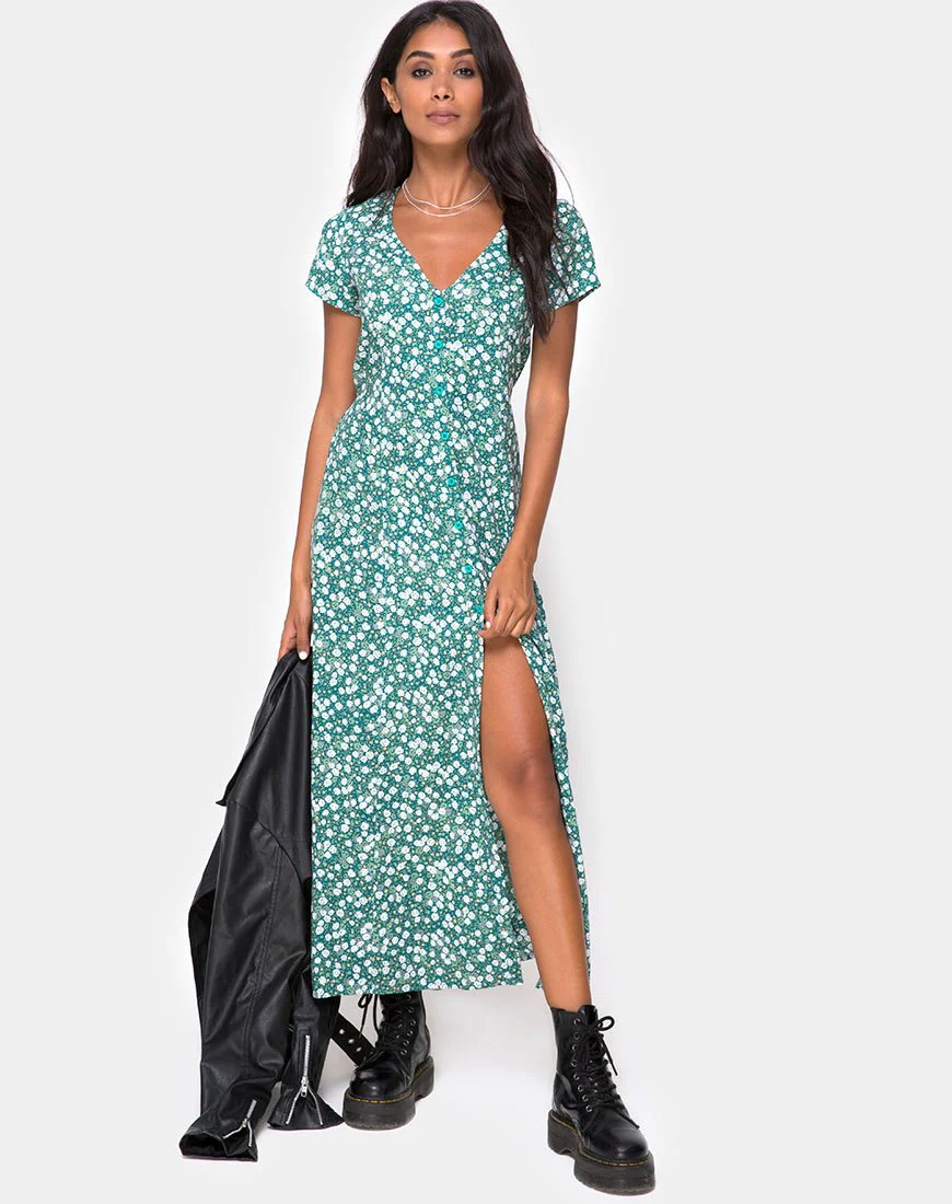 Sanrin Midi Dress in Floral Field Green - Image 3