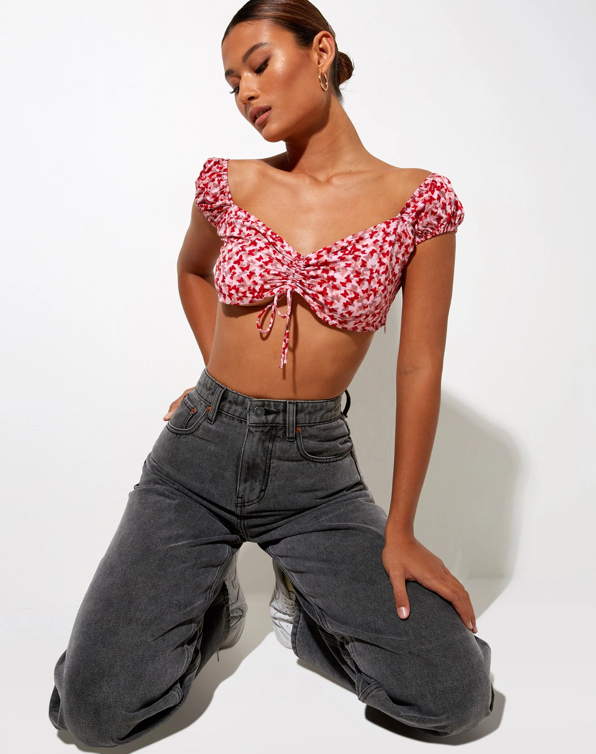 Sarae Crop Top in Ditsy Butterfly Peach and Red - Image 4