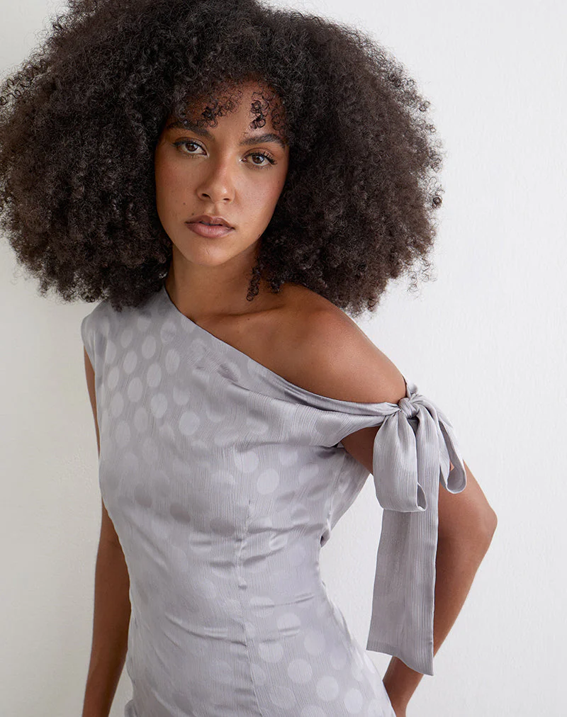 Sardian Maxi Dress in Chiffon Monochrome Silver Grey Polka - Image 2