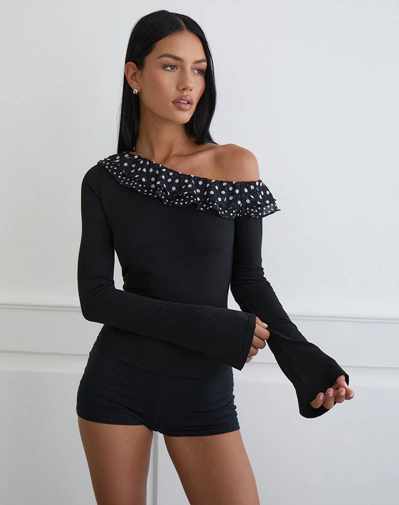 Sariya Long Sleeve Top in Cupro Black with Tiny Polka Ruffles - Image 3