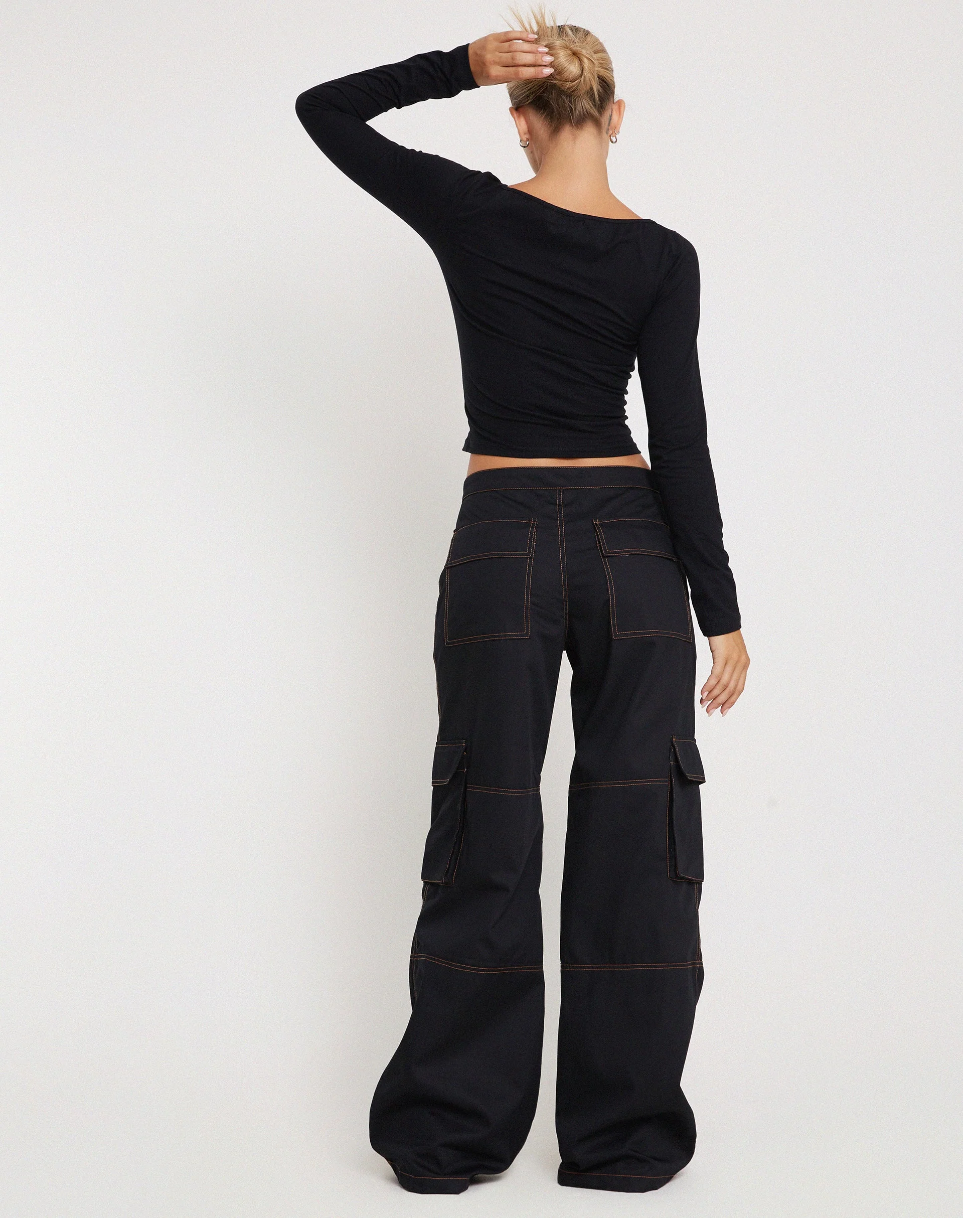 Saul Wide Leg Cargo Trouser in Black with Orange Stitching - Image 5