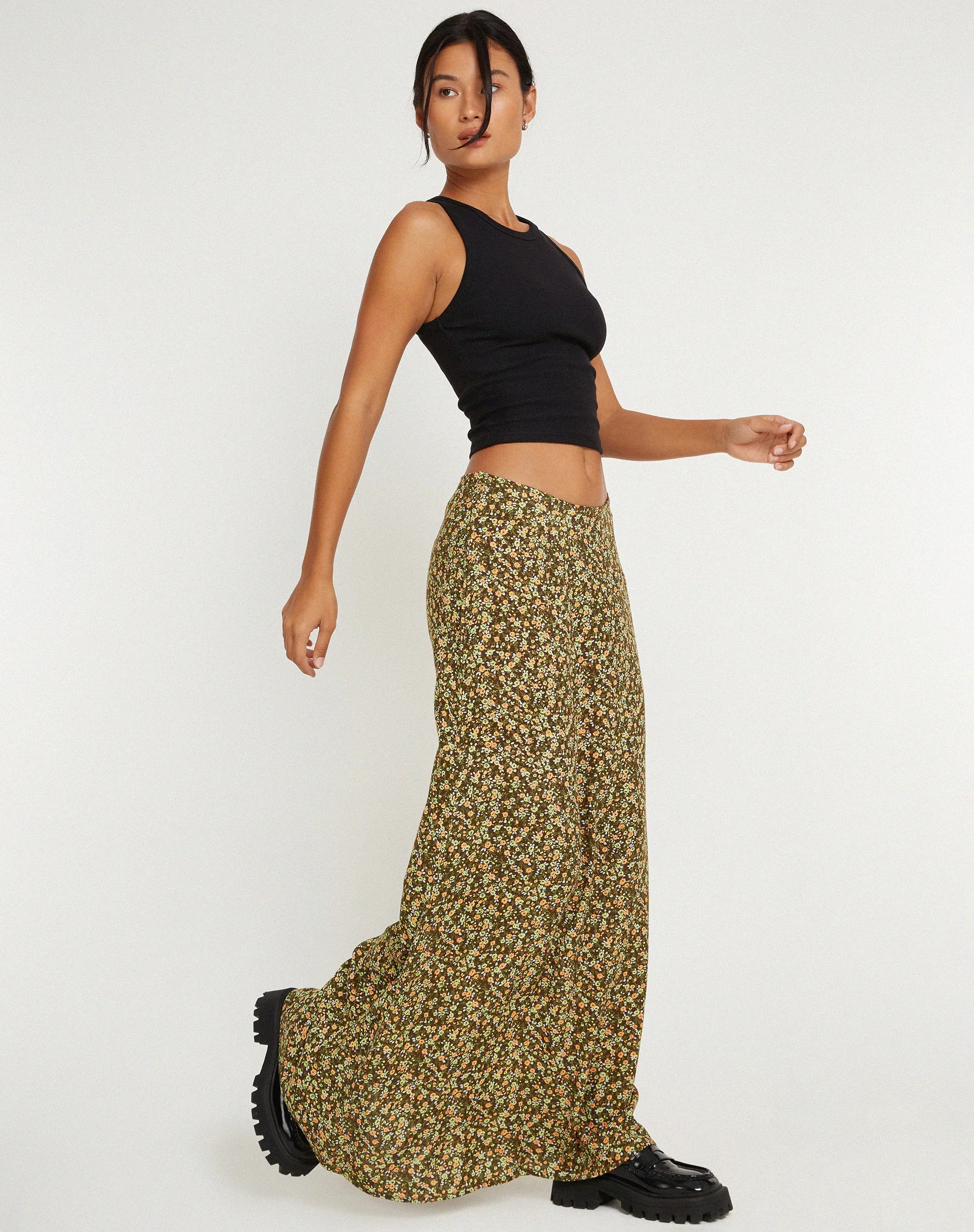 Sayan Maxi Skirt in Grungey Floral Khaki - Image 5