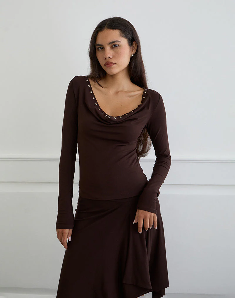 Scanio Long Sleeve Cowl Top with Studs in Bitter Chocolate