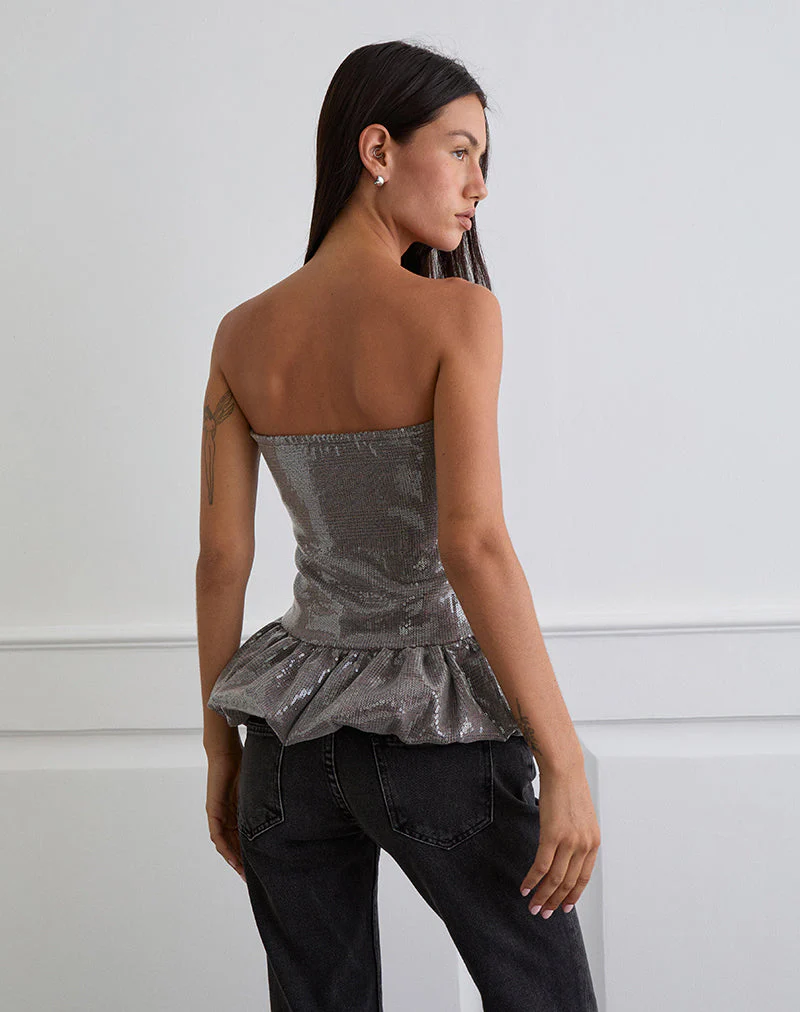 Seada Peplum Top in Sequin Check Brown - Image 6