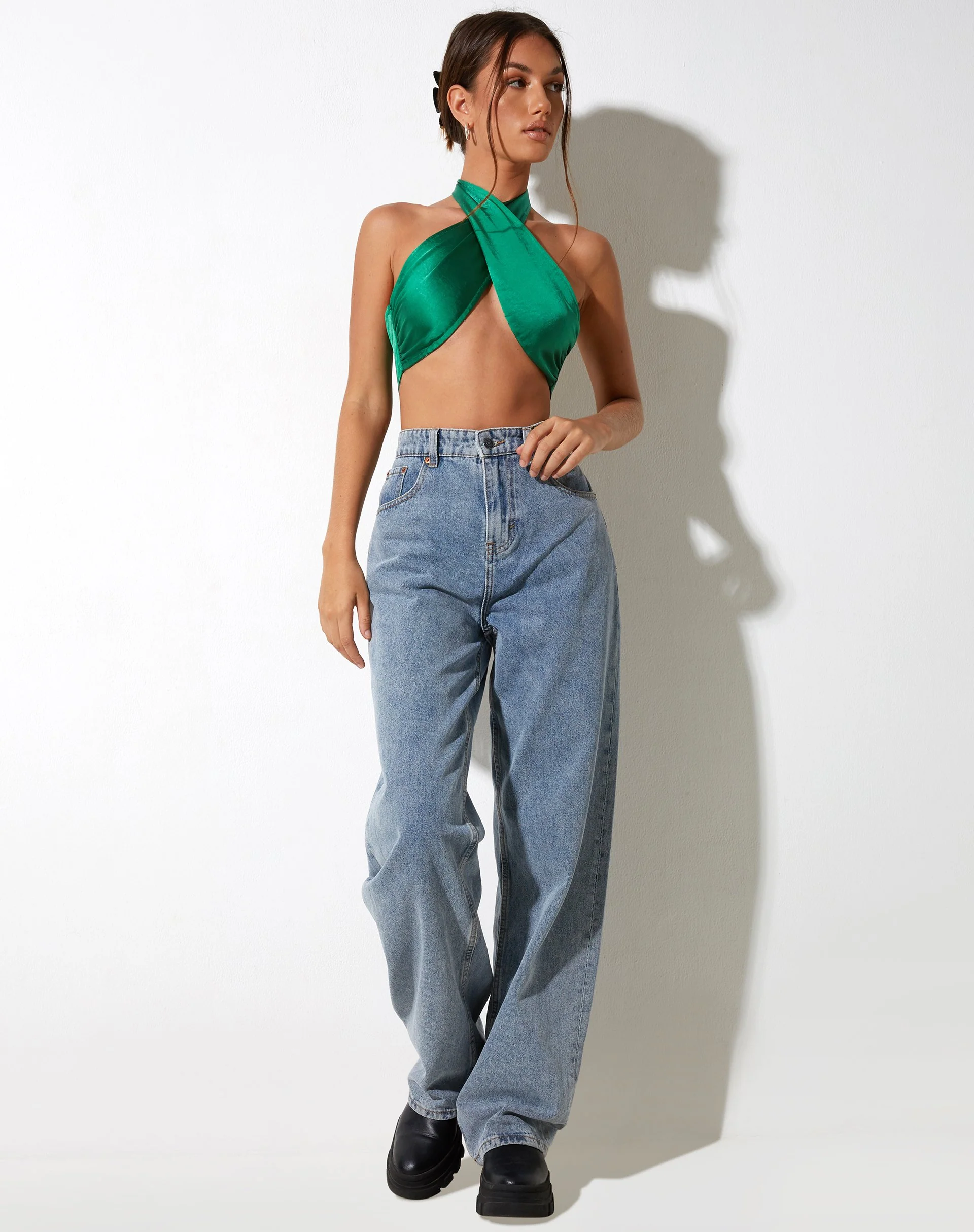 Selenda Crop Top in Satin Kelly Green - Image 3