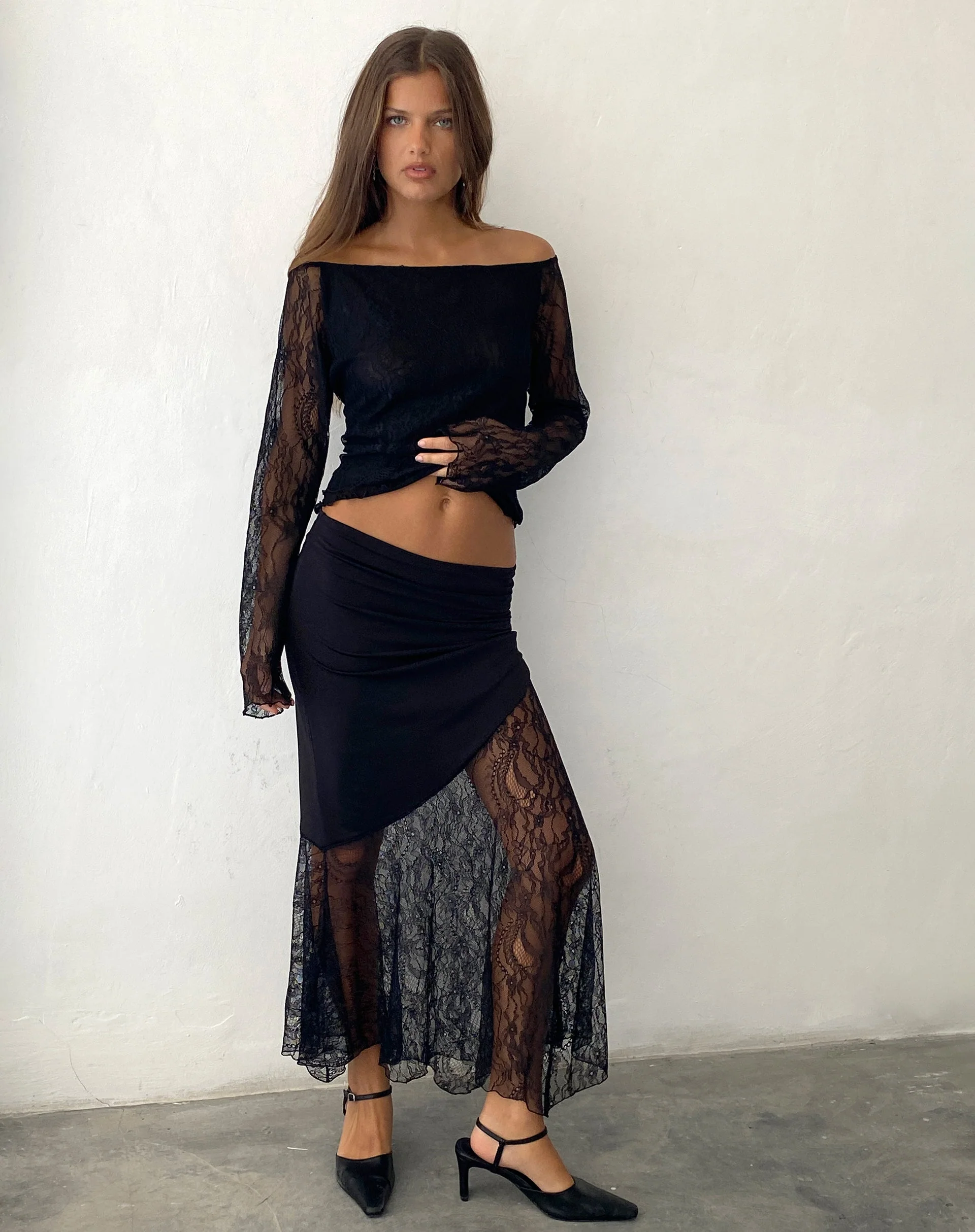 Seraphina Asymmetric Lace Hem Maxi Skirt in Black - Image 5