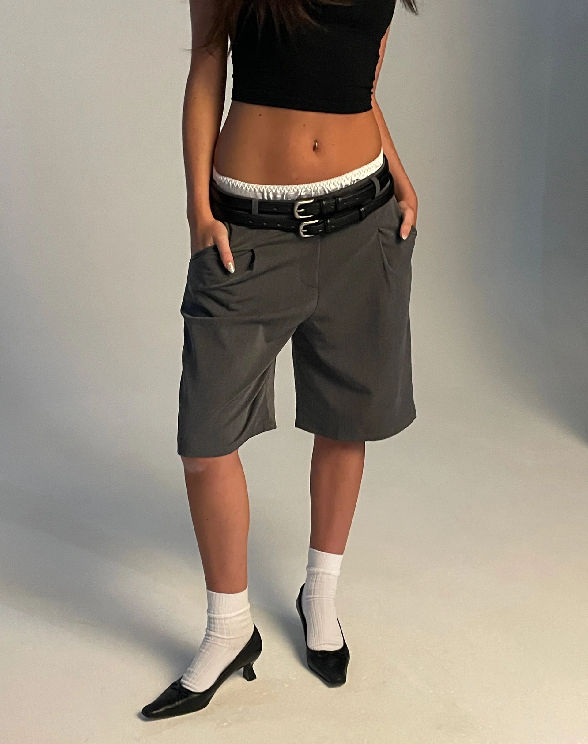 Setya Long Line Tailored Shorts in Charcoal - Image 3