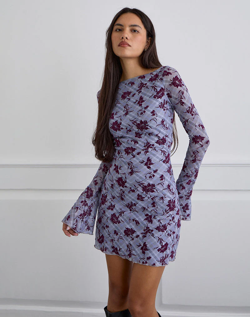 Sevila Long Sleeve Mini Dress in Lotus Flock Checked Lavender - Image 2