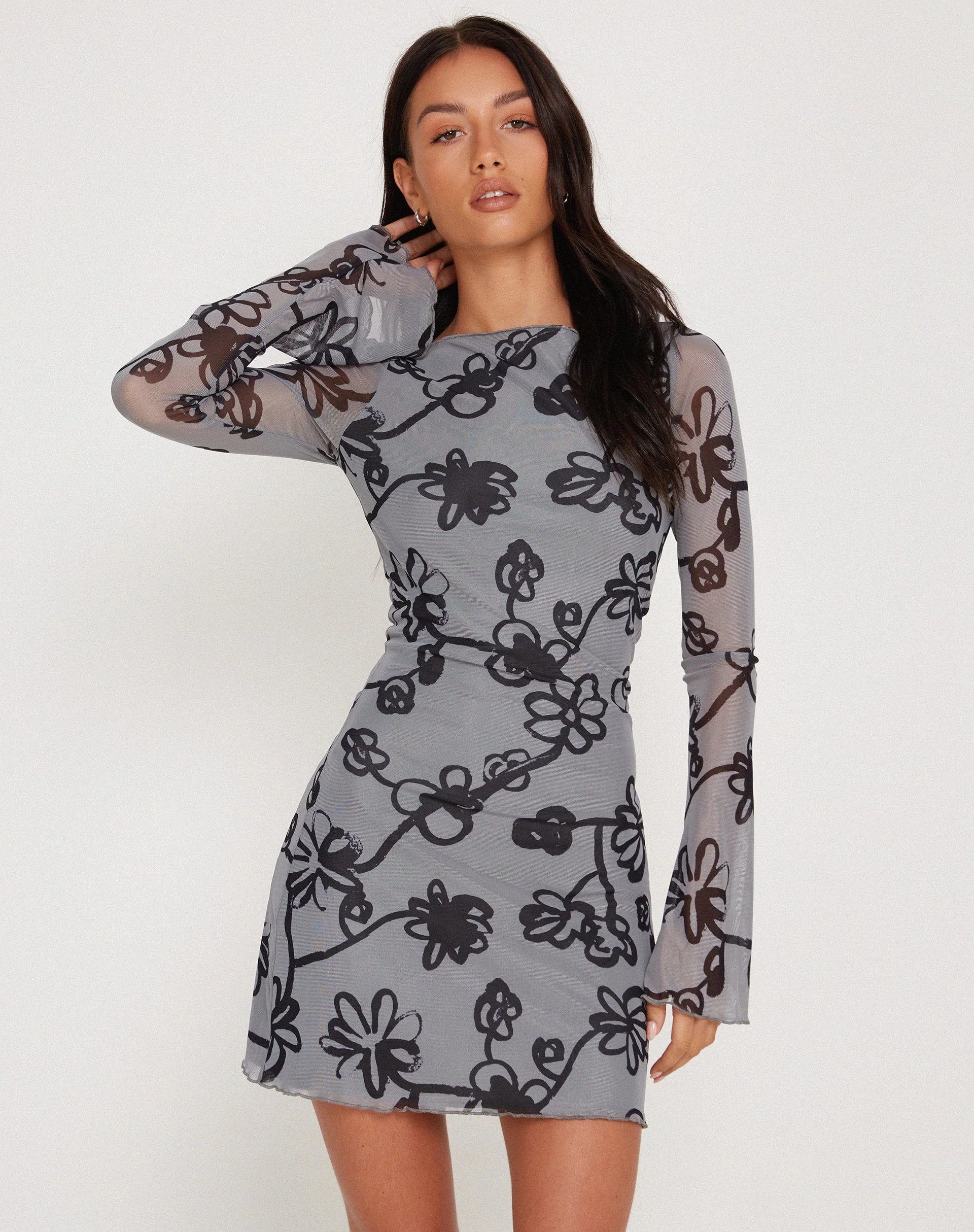 Sevila Mini Dress in Mesh Doodle Flower Grey - Image 3