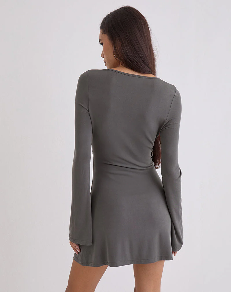 Sevila Long Sleeve Mini Dress in Cupro Diamante Flower Dark Grey - Image 4