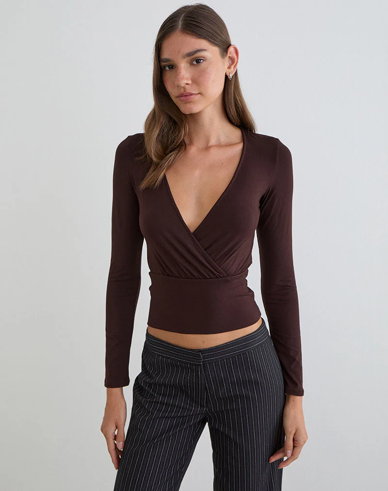 Sheon Long Sleeve Top in Rayon Jersey Bitter Chocolate