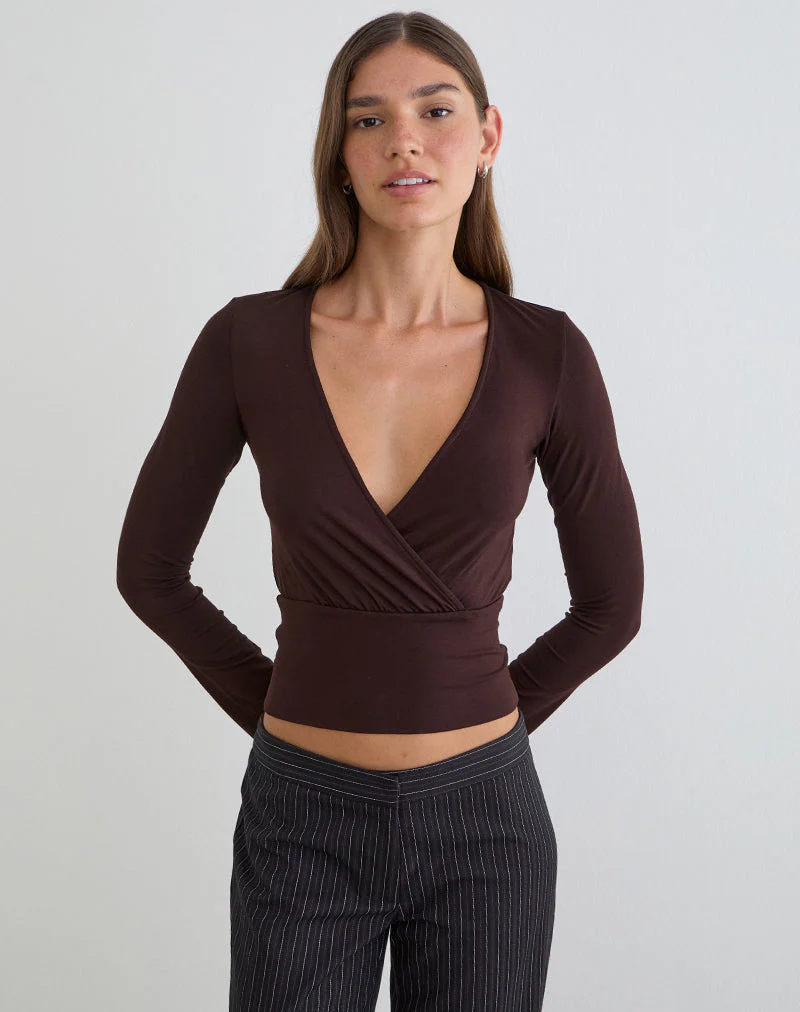Sheon Long Sleeve Top in Rayon Jersey Bitter Chocolate - Image 2