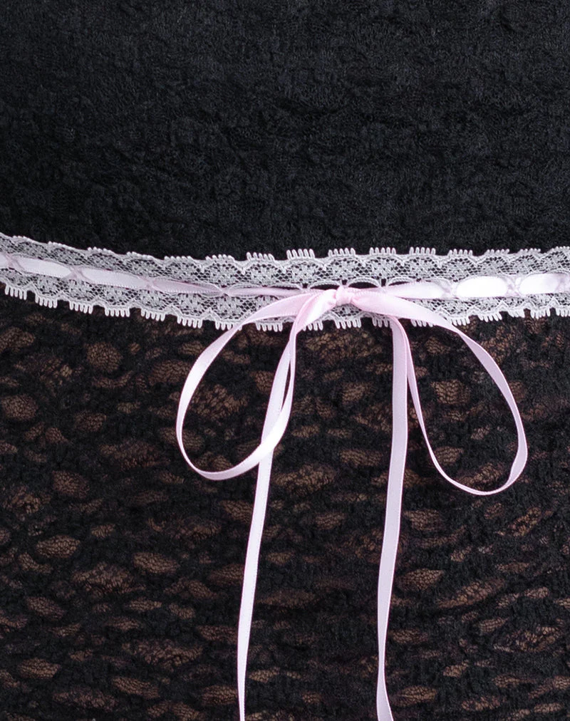 Sherine Lace Top in Black with Pink Ribbon - Image 6