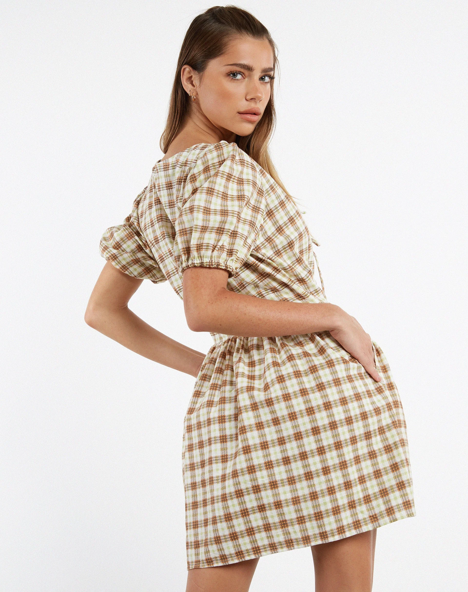 Shirley Mini Dress in Yellow Brown Check - Image 3