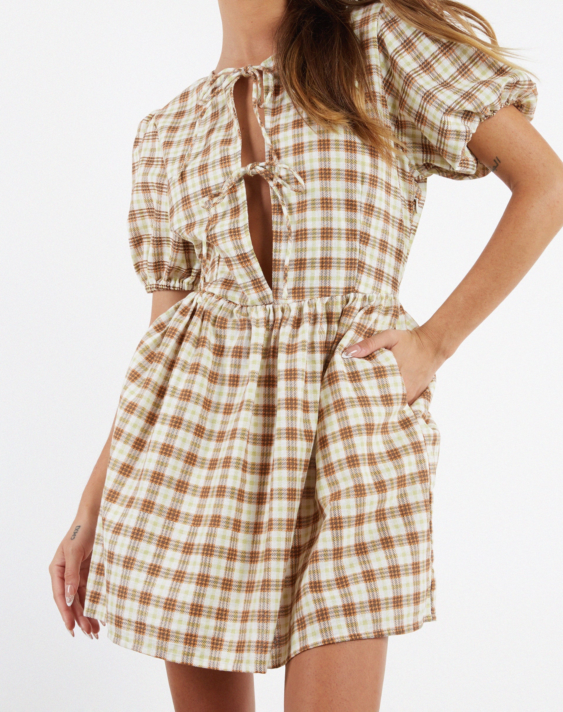 Shirley Mini Dress in Yellow Brown Check - Image 6