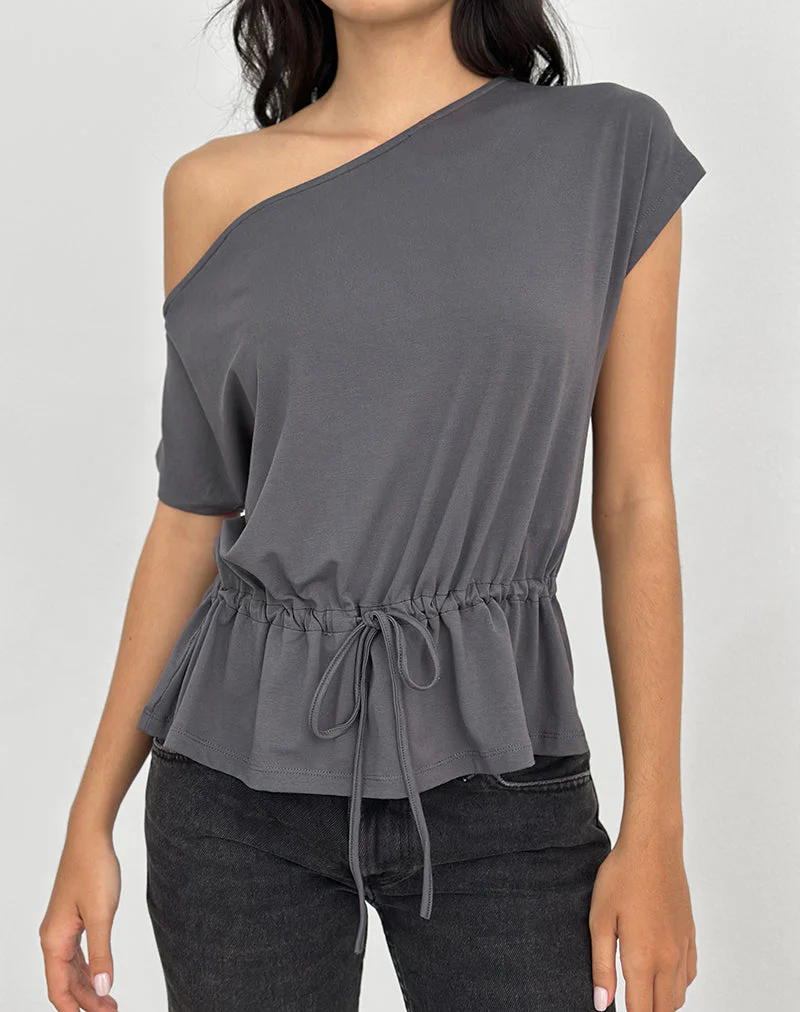 Sika One Shoulder Top in Charcoal Grey with Tie Belt - Image 2