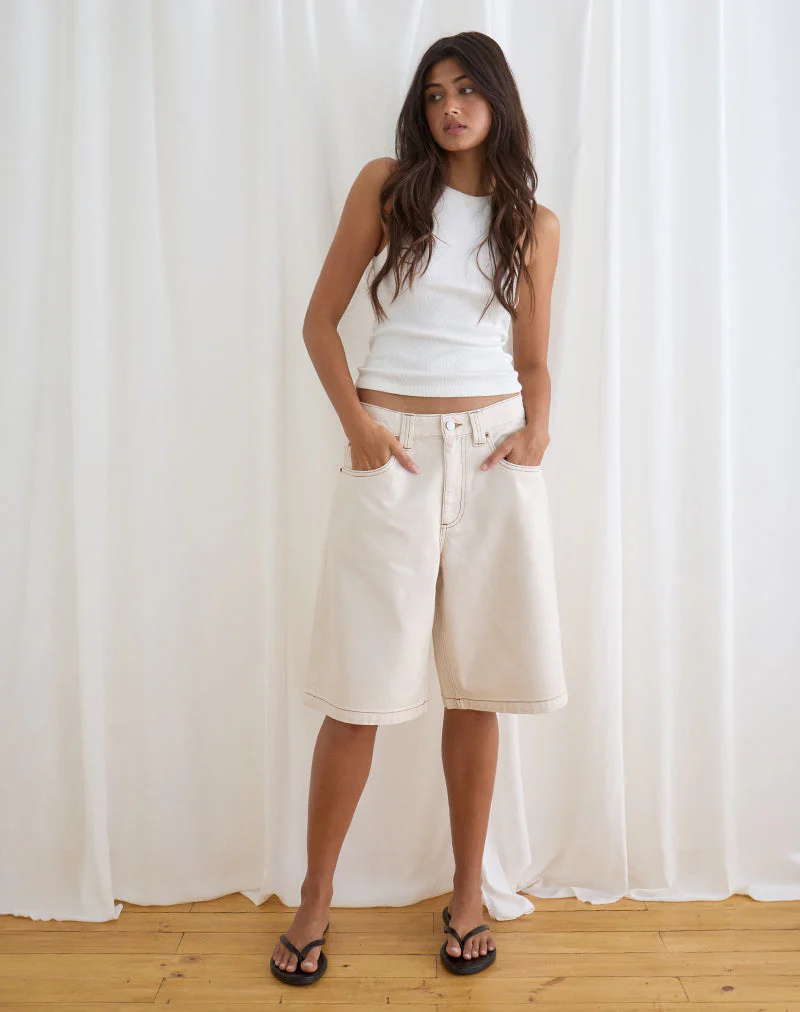 Low Rise Denim Skater Short in Off White - Image 6