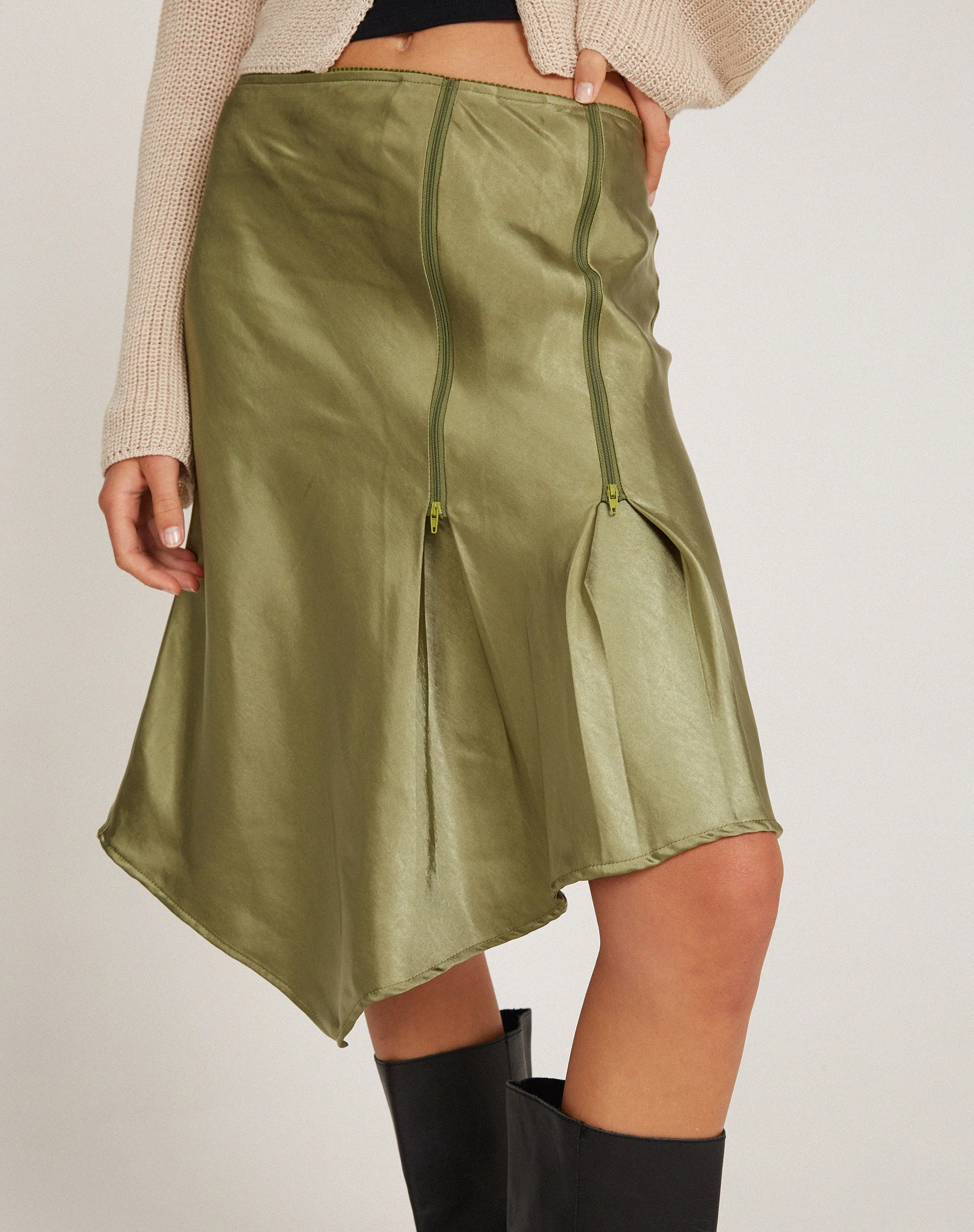 Slaza Midi Skirt in Satin Olive - Image 3