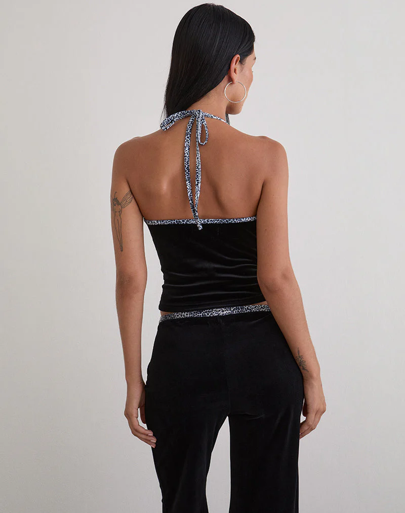Solyn Halterneck Top in Black with Leopard Binding - Image 4