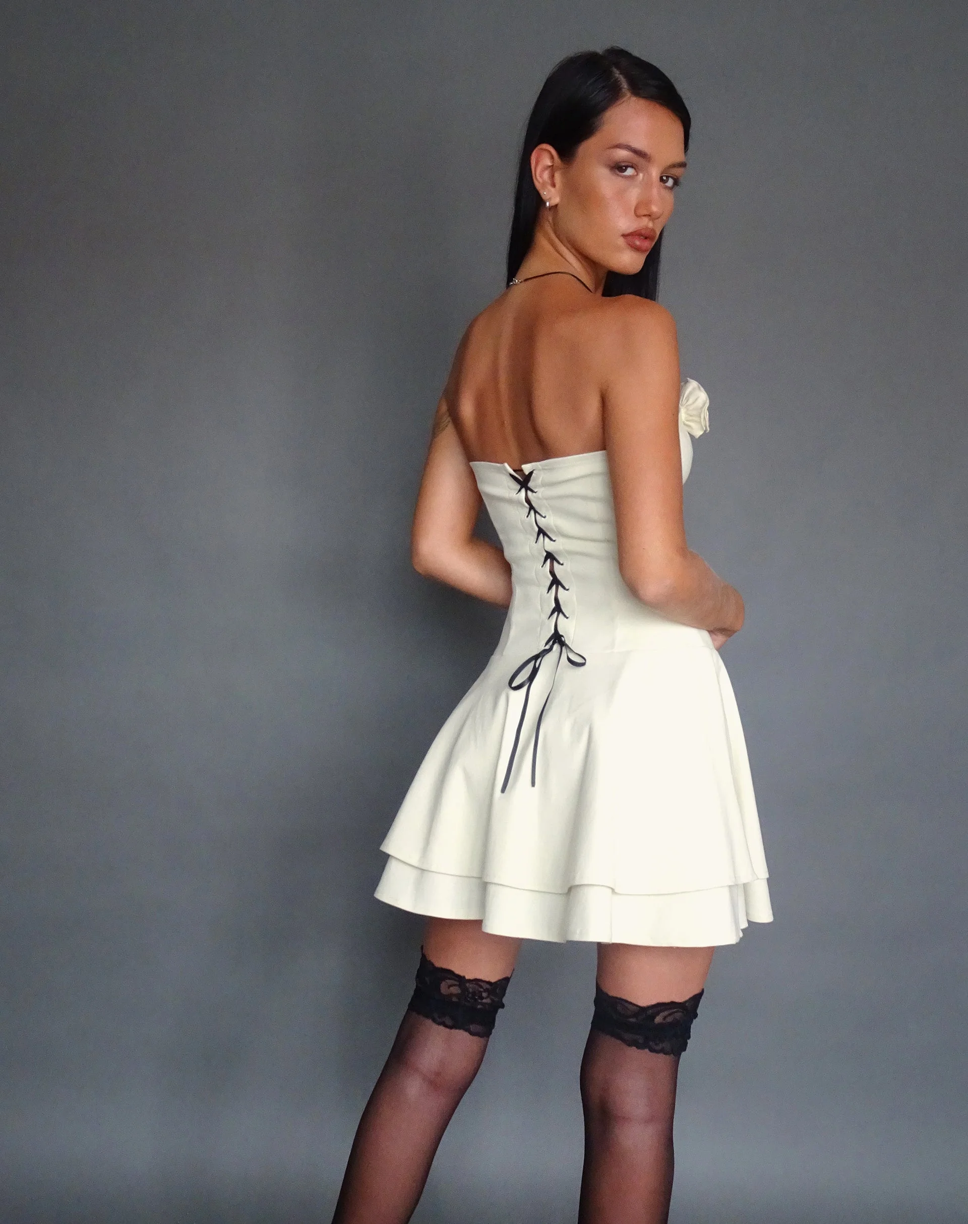 Striata Mini Dress in Cream with Rosette and Lace Back - Image 3