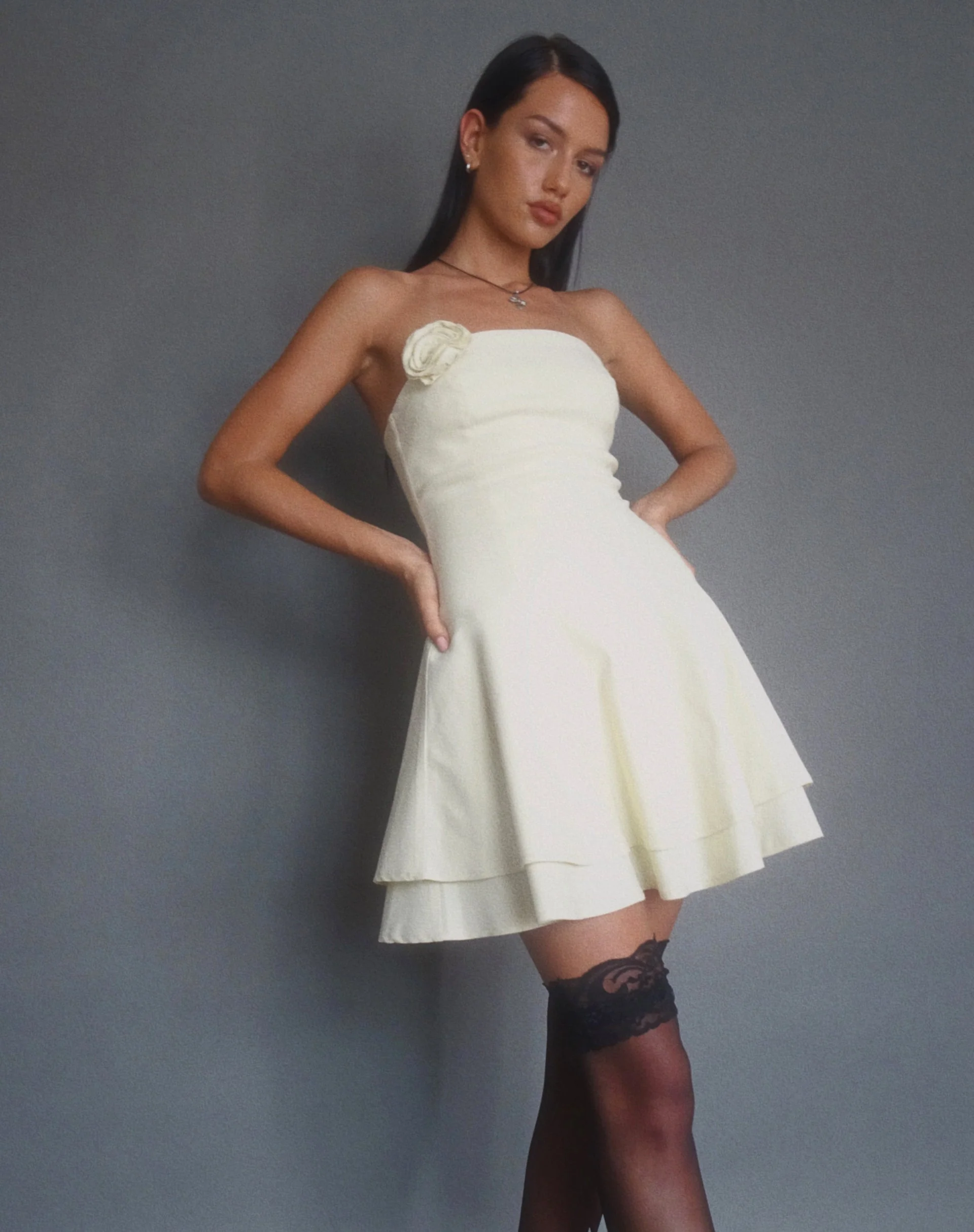 Striata Mini Dress in Cream with Rosette and Lace Back - Image 5