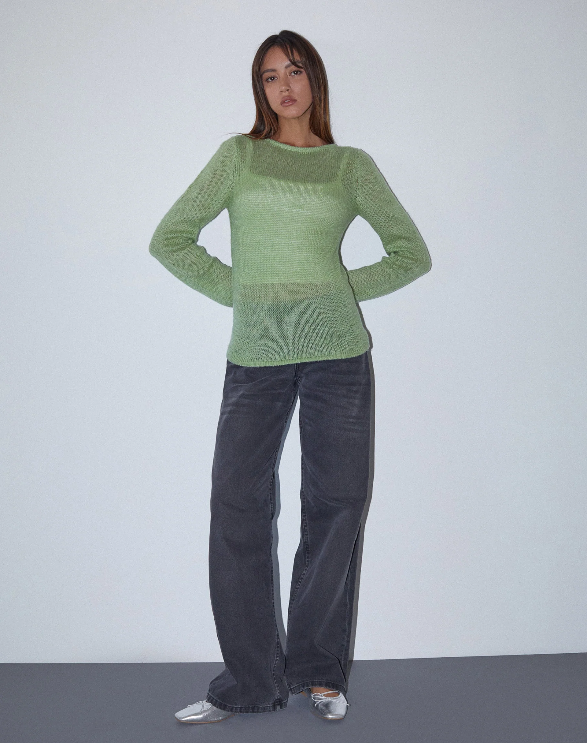 Sukana Long Sleeve Sheer-Knit Top in Light Green - Image 4