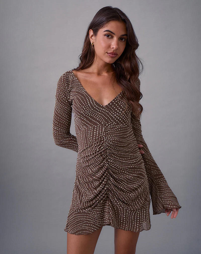 Sumiko Mini Dress in Abstract Polka Flock Brown - Image 2