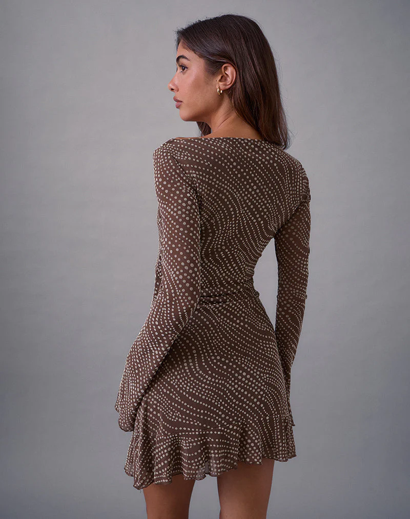 Sumiko Mini Dress in Abstract Polka Flock Brown - Image 4