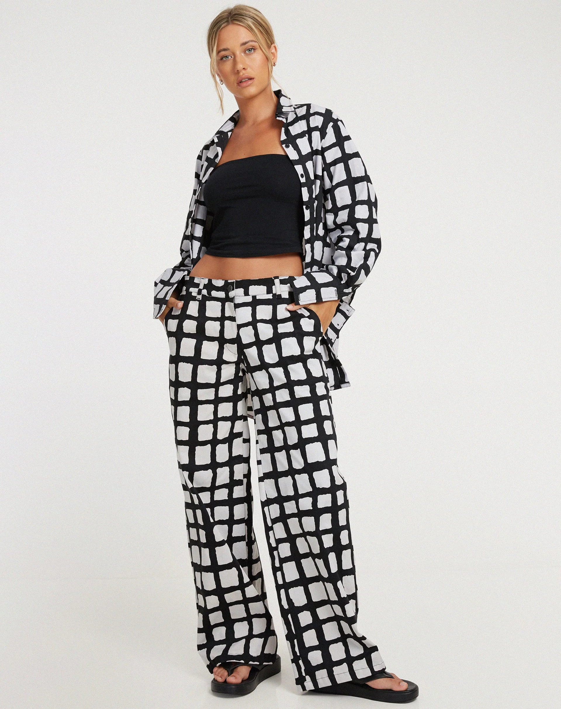 Suri Wide Leg Trousers in Mono Painted Check Black - Image 4