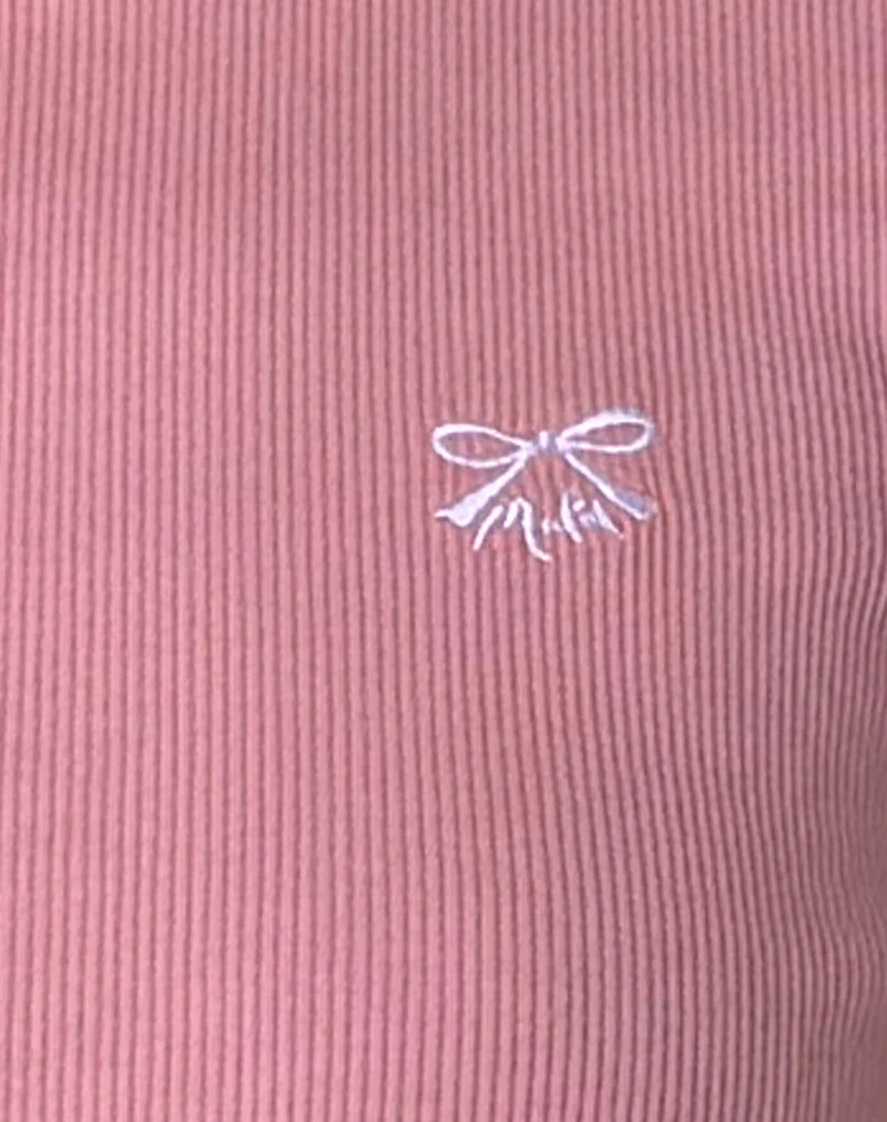 Suti Ribbed Tee in Flamingo Pink with White Bow Embroidery - Image 5