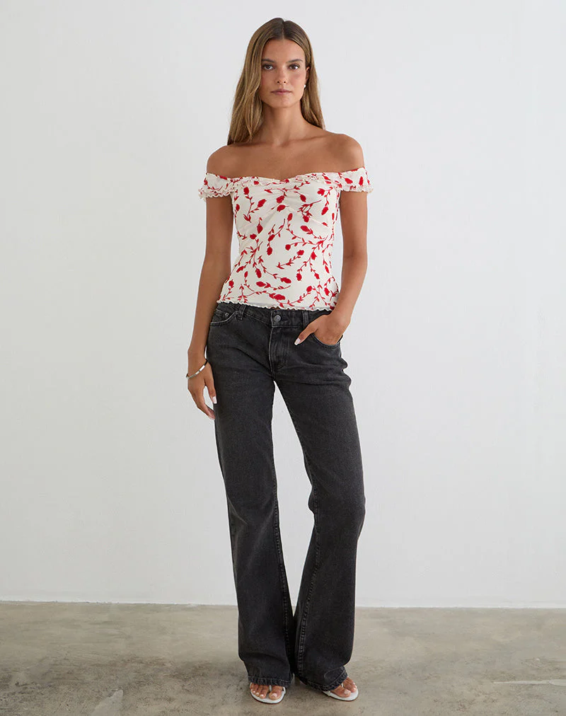 Switi Bardot Top in Cream with Red Leafy Lily Flock - Image 4