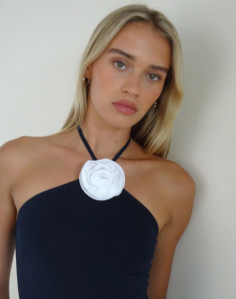 Tarrina Halterneck Top in Dark Navy with White Rosette - Image 3