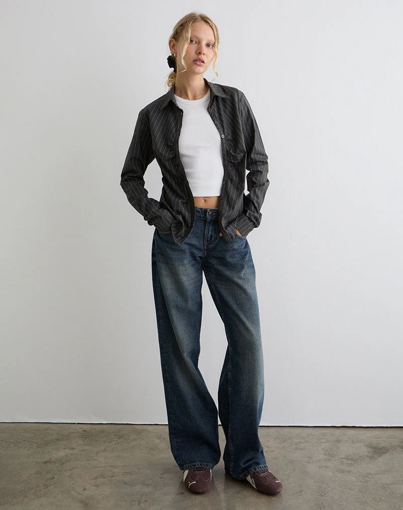 Tarsi Fitted Shirt in Mono Pinstripe Grey - Image 3