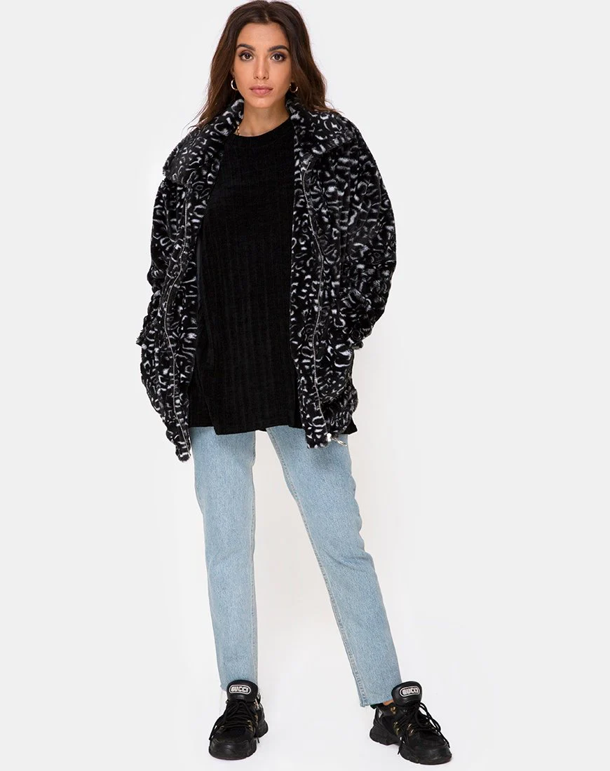 Teddy Bear Fur Coat in Black Leopard - Image 3