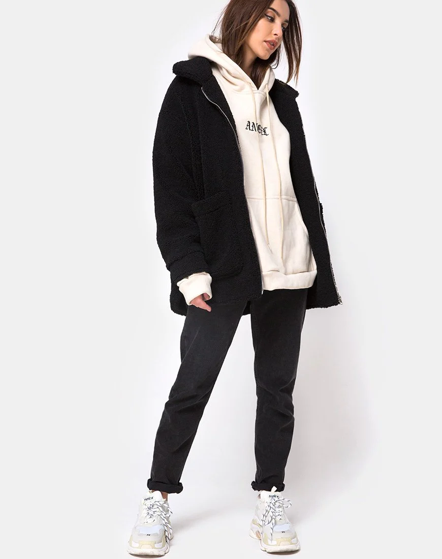 Teddy Bear Wool Coat in Black - Image 3